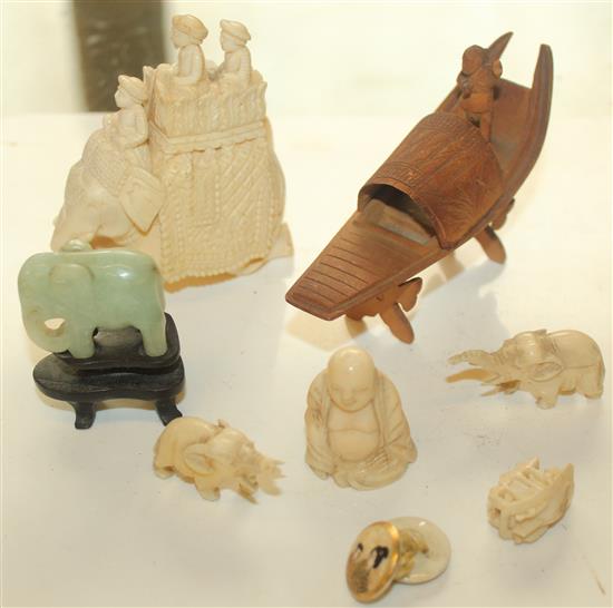 Indian ivory elephant group, 4 other ivory carvings, a jadeite elephant, a wood boat and a pair of satsuma buttons